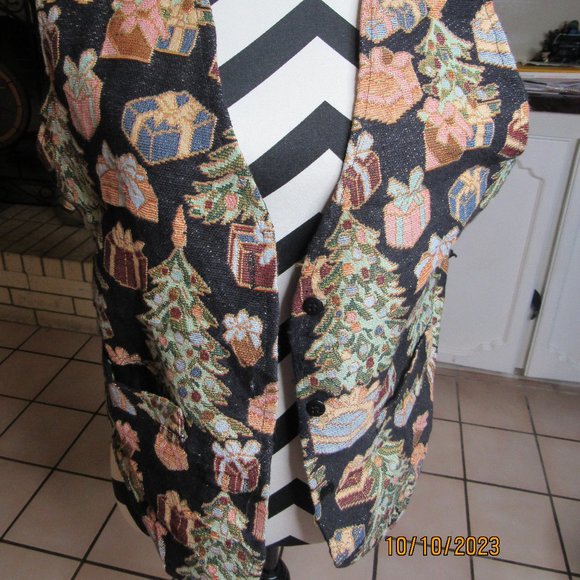 Vtg MLNY Christmas Vest Womens Lg Christmas Tree Button Up Black Retro Unique - Picture 2 of 7